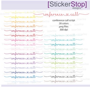 Puede incluir: Una colección de diseños de guiones de "conference call" en varios colores. El texto está en una fuente cursiva con un símbolo de corazón. La imagen incluye detalles sobre el producto, como el número de colores, el tipo de archivo y la resolución.