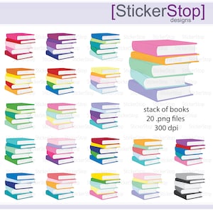 May include: Twenty colorful stacks of books, each with five books, in various colors, including red, blue, green, yellow, orange, pink, purple, and gray. The stacks are arranged in four rows of five stacks each. The image includes the text "stack of books", "20 .png files", and "300 dpi".