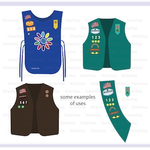 Peut inclure: Trois mod&egrave;les de gilets diff&eacute;rents pour les Guides avec divers patchs et badges. Les gilets sont bleus, verts et bruns. Les patchs et badges comprennent des chiffres, un arc-en-ciel, une fleur et un logo des Guides.