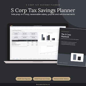 Op de afbeelding: Een digitale S Corp belastingbesparingsplanner op een laptopscherm naast een gedrukte gids genaamd The S Corp Playbook. Het dashboard toont financiële gegevens, staafdiagrammen en lijngrafieken over belastingbesparingen en salaris.