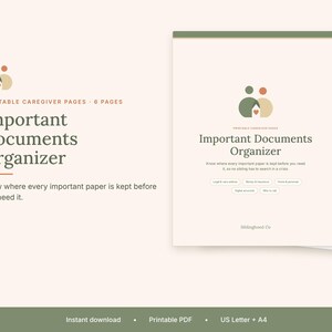 May include: A six-page printable caregiver document organizer featuring a logo with two figures and a house. The cover page displays the text Important Documents Organizer, with sections for legal, money, insurance, home, personal, and digital accounts.