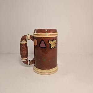 Vintage Hand Signed Artisan Pottery Stein Mug - Two Tone Brown Boho Mug with Geometric Inlays, Signed Chon / Chom 5.5"