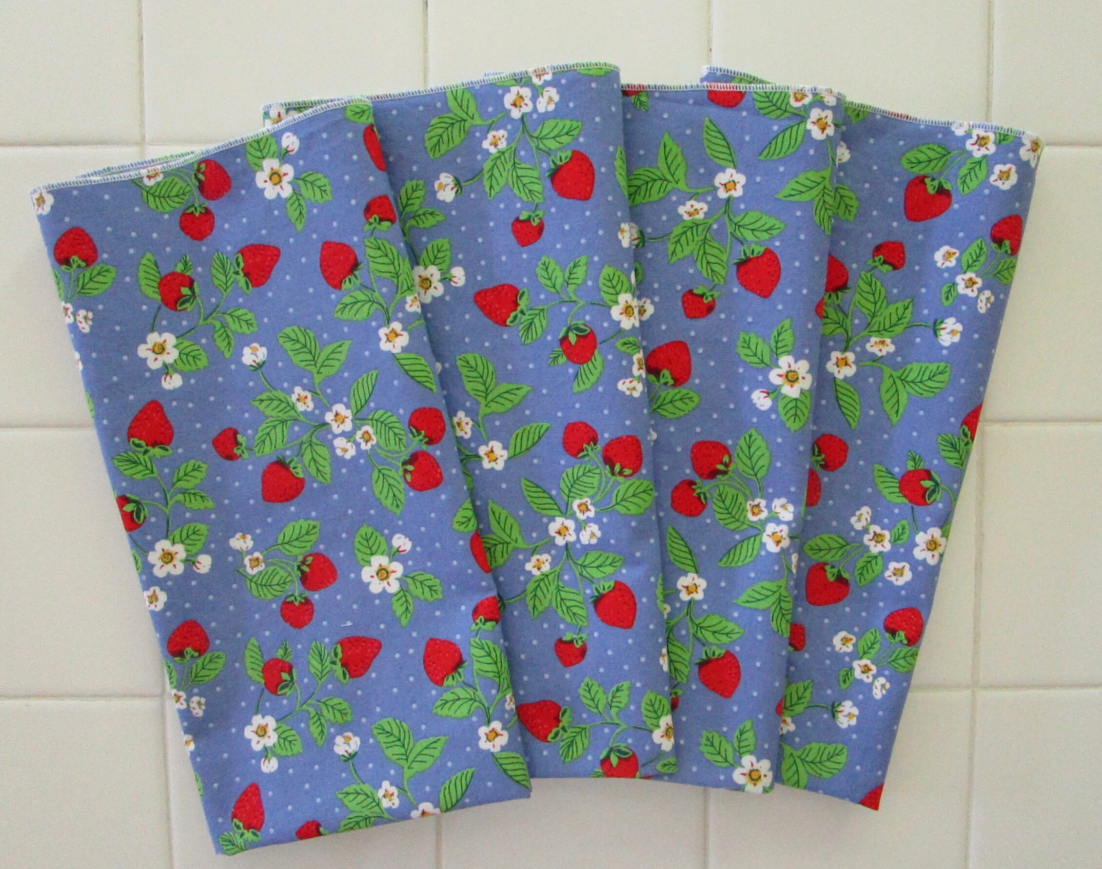 Strawberry Snack or Lunch Napkins Ripe Red Strawberries on Vintagelook Periwinkle Sky Blue Cotton Background Reusable Cloth