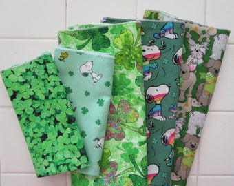 St Patrick's Day 2024 Assorted Set of Five Cloth Napkins Dogs Snoopy Clover Shamrocks Green Reusable Napkins Irish Brunch Eco-Friendly