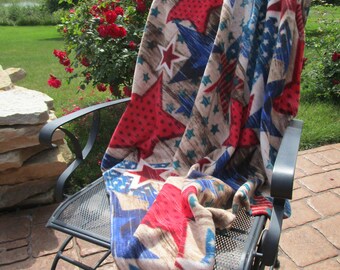 Patriotic fleece Throw Large Summer blanket 56" x 52" Country Shades of Red Blue Tan Stars Picnic Beach Single layer hemmed fleece blanket