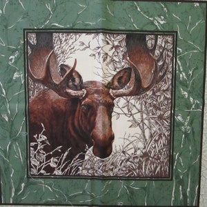 May include: A brown moose with large antlers stands in a forest setting. The moose is looking directly at the viewer. The background is a light cream color with brown and green foliage.