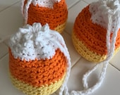 Candy Corn Treat Bags Three Hand Crocheted Cotton Halloween Kids treat Bags Drawstring Bags Yellow Autumn Candy Corn Candy Bags Gift Idea