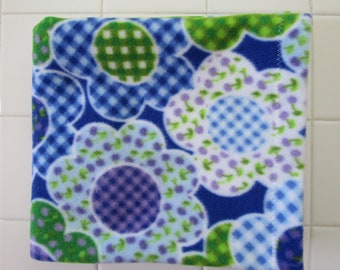 Flowers and Gingham fleece throw Small blanket 29" x 27" Blue Green Purple White Fleece Throw Single layer hemmed fleece Baby Blanket