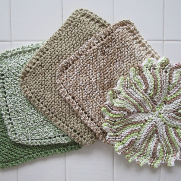 Dishcloths Five Hand-knit cotton Dishcloths Summer Landscape  Kitchen Sage Green Soft Yellow Beige Earth Tones Bridal Shower Mother's Day