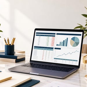 May include: A laptop computer displaying a dashboard with data tables, a bar chart, a pie chart, and a line graph. The screen shows financial or analytical metrics in blue, green, and red tones, set in a workspace with notebooks and pens.
