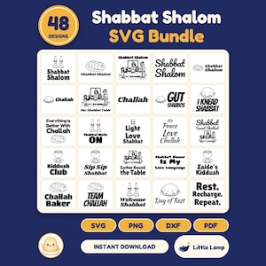 48 Shabbat SVG Bundle, Challah Candles Kiddush Cup Shabbat Shalom Designs, Cricut Cut Files, PNG DXF, Jewish Shabbat Gift Decor
