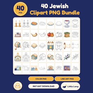 Jewish Clipart Bundle, 40 PNG Images, Shabbat Challah Torah Shofar Sukkah Noah Jonah Tzedakah, Color and Line Art, Transparent