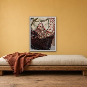 Red Fishing Net Boat Detail Print, Nautical Rope Harbor Photography (Framed Poster)