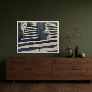 Lamp Post Column Shadows Print, Striped Light and Shadow Wall Art, Grey Minimal Framed Poster, Architecture Photography, Minimalist Gift
