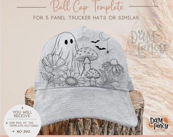 Modelo Cottagecore Ghost - Molde Digital para Pirografia em Boné - Boné Trucker - Boné de Beisebol - Aba Larga - PNG para Pirografia