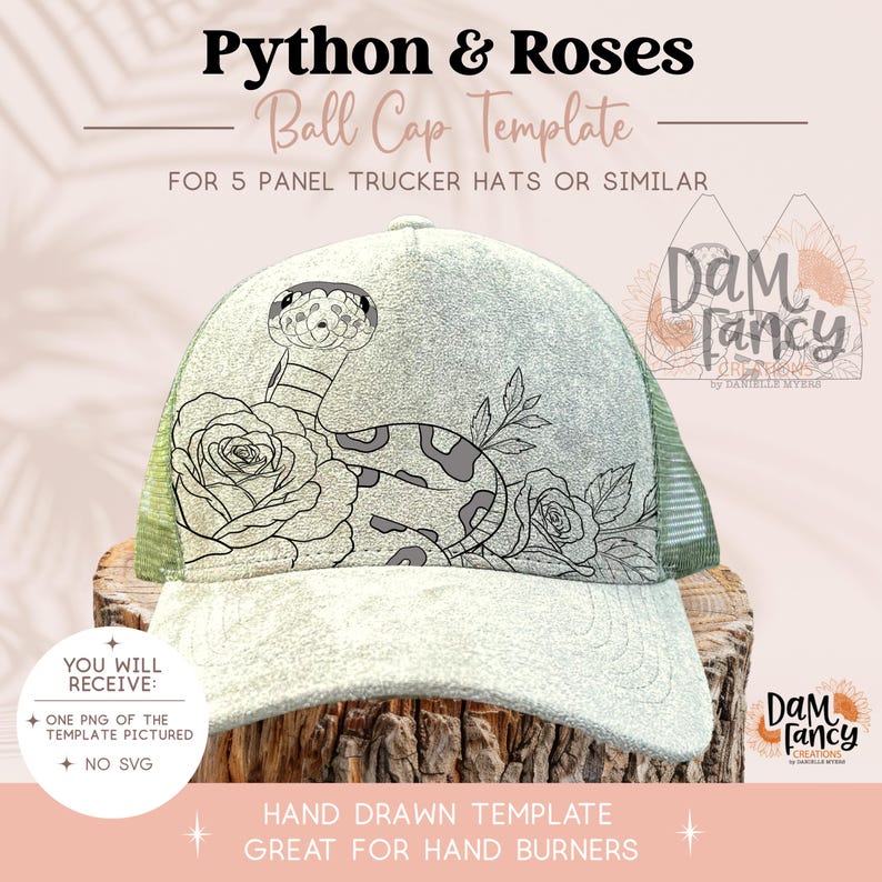 Pode incluir: Um modelo de bon&eacute; trucker de cinco pain&eacute;is com uma ilustra&ccedil;&atilde;o de linha preta de uma serpente p&iacute;ton enrolada entre rosas. O texto diz Python & Roses Ball Cap Template for 5 Panel Trucker Hats or Similar, Dam Fancy Creations e You Will Receive.