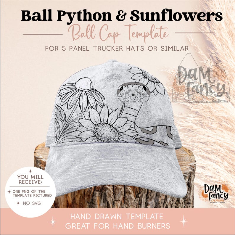 May include: A gray trucker hat template featuring a black and white line art illustration of a ball python snake and sunflowers. The text reads Ball Python & Sunflowers Ball Cap Template for 5 panel trucker hats or similar, and You Will Receive.