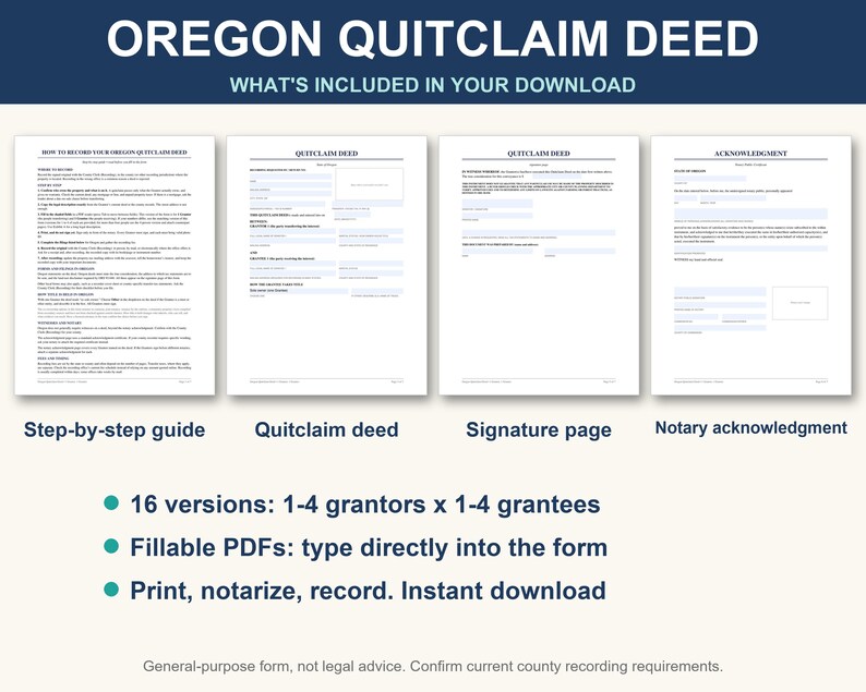 Oregon Quitclaim Deed Form | Fillable PDF Real Estate Property Transfer ...