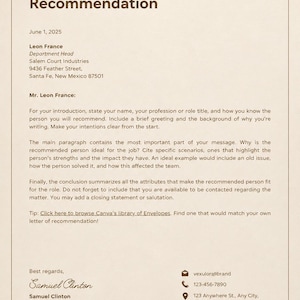 May include: A Letter of Recommendation template on cream paper with dark brown text. It includes placeholders for the date, recipient details, body paragraphs, a signature for Samuel Clinton, and contact information including email, phone, and address.