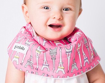 Modern Bib (Pink Eiffel Tower) All in One Scarf & Bib "Scabib" TM for babies or toddlers