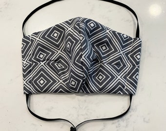 LARGE Pewter Square Adult Size Triple Layer 100% Cotton Face Mask With Filter Pockets Adjustable Elastic Head Straps