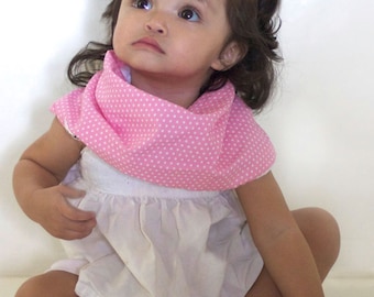 Modern Bib (Pretty Pink Dots) All in One Scarf & Bib "Scabib" for babies or toddlers