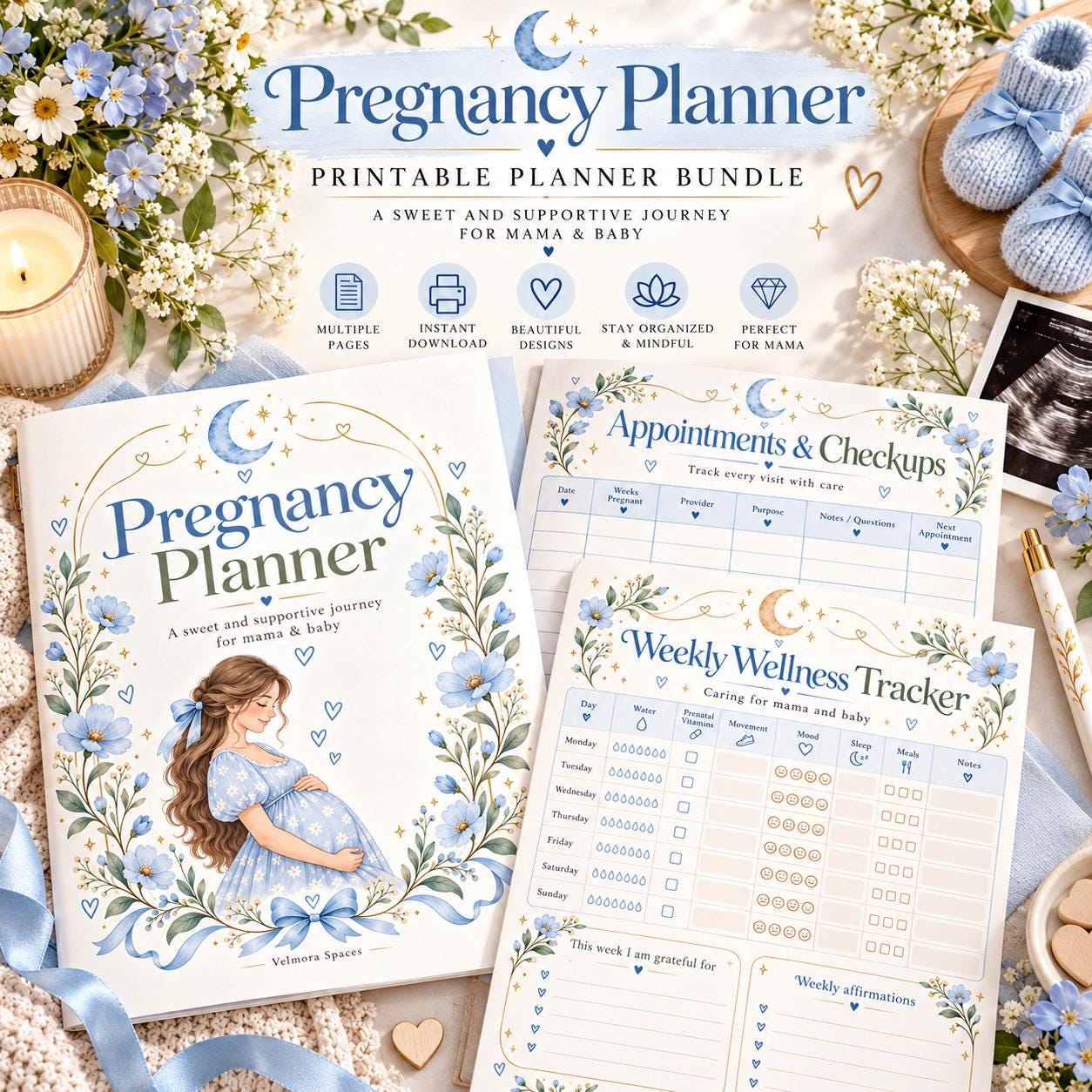 Pregnancy planner printable PDF pink and blue floral maternity journal Pregnancy planner printable PDF pink and blue floral maternity journal