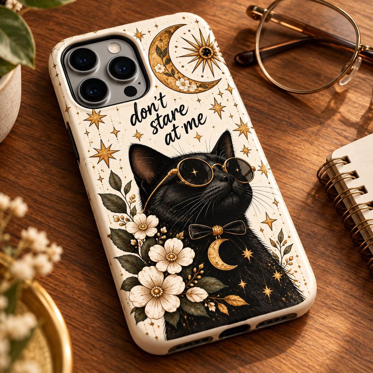 Celestial black cat moon and stars phone case design