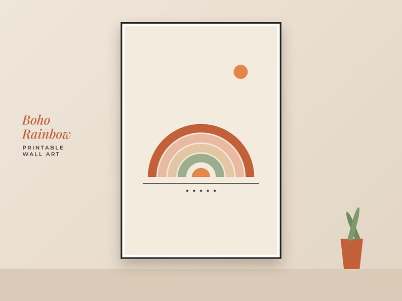 May include: A framed wall art print featuring a semi-circular rainbow graphic in shades of terracotta, peach, and sage green. Above the rainbow is a small orange circle, and below it is a horizontal line with five small black dots.