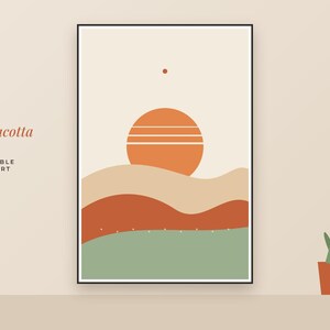 May include: A framed wall art print titled Terracotta Sun Printable Wall Art featuring a stylized orange sun with horizontal lines above layered wavy landscape shapes in beige, terracotta, and sage green colors on a light background.