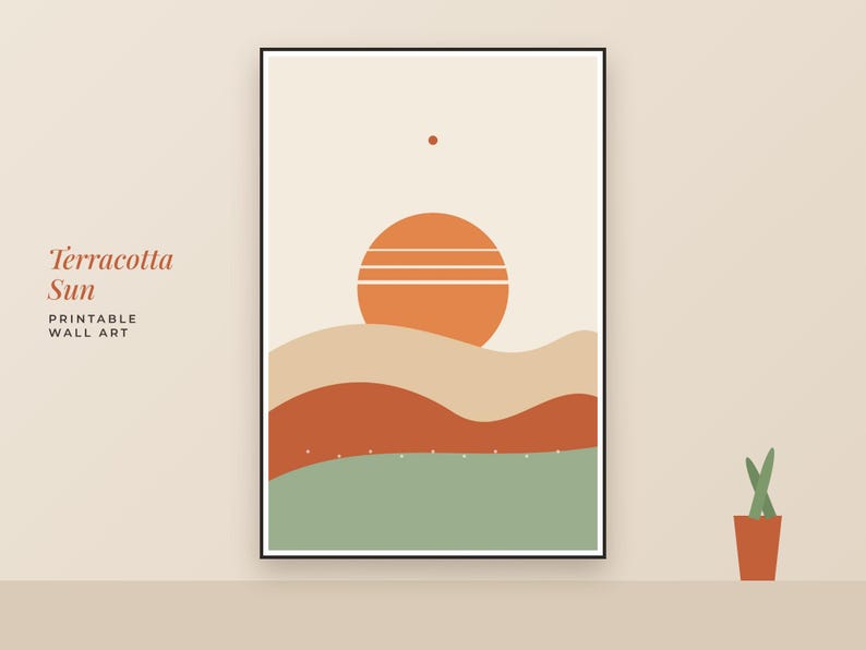 May include: A framed wall art print titled Terracotta Sun Printable Wall Art featuring a stylized orange sun with horizontal lines above layered wavy landscape shapes in beige, terracotta, and sage green colors on a light background.