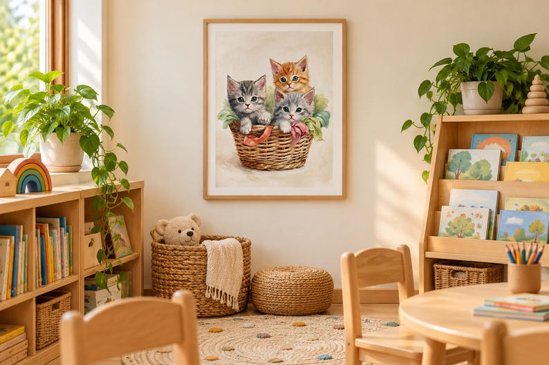 May include: A framed wall art print featuring three kittens sitting inside a woven wicker basket. One kitten is orange tabby, while the other two are gray tabby, all nestled together with soft green fabric accents against a light background.