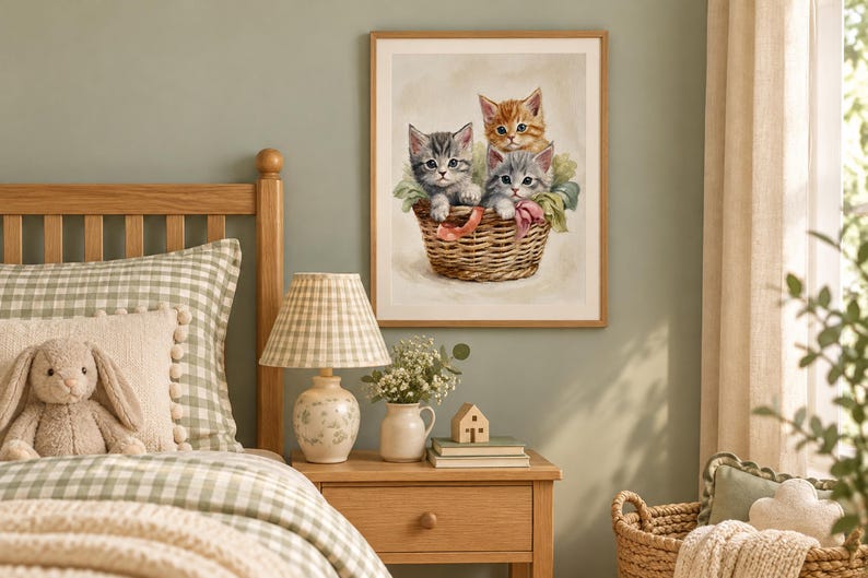 May include: A framed wall art print featuring a painting of three kittens, one orange tabby and two gray tabby kittens, sitting inside a woven wicker basket. The kittens are nestled among soft green fabric and pink ribbons.