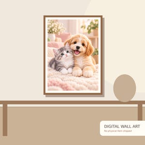 May include: A rectangular wall art print in a brown frame featuring a fluffy golden puppy and a grey tabby kitten sitting together on a soft, textured cream-colored blanket. The puppy has its mouth open, and the kitten looks forward.
