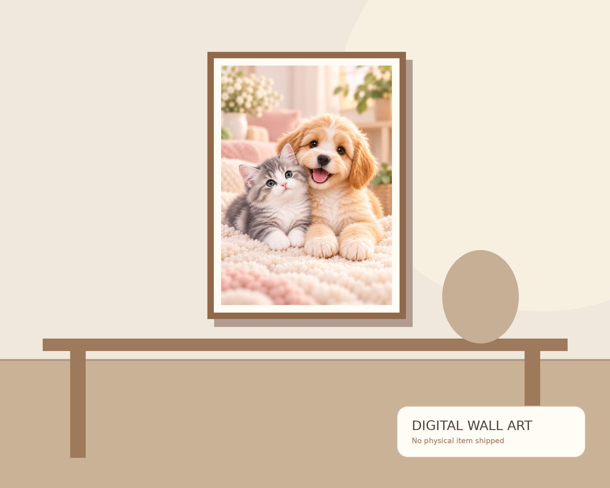 Cute puppy and kitten 3D style printable wall art nursery pet decor