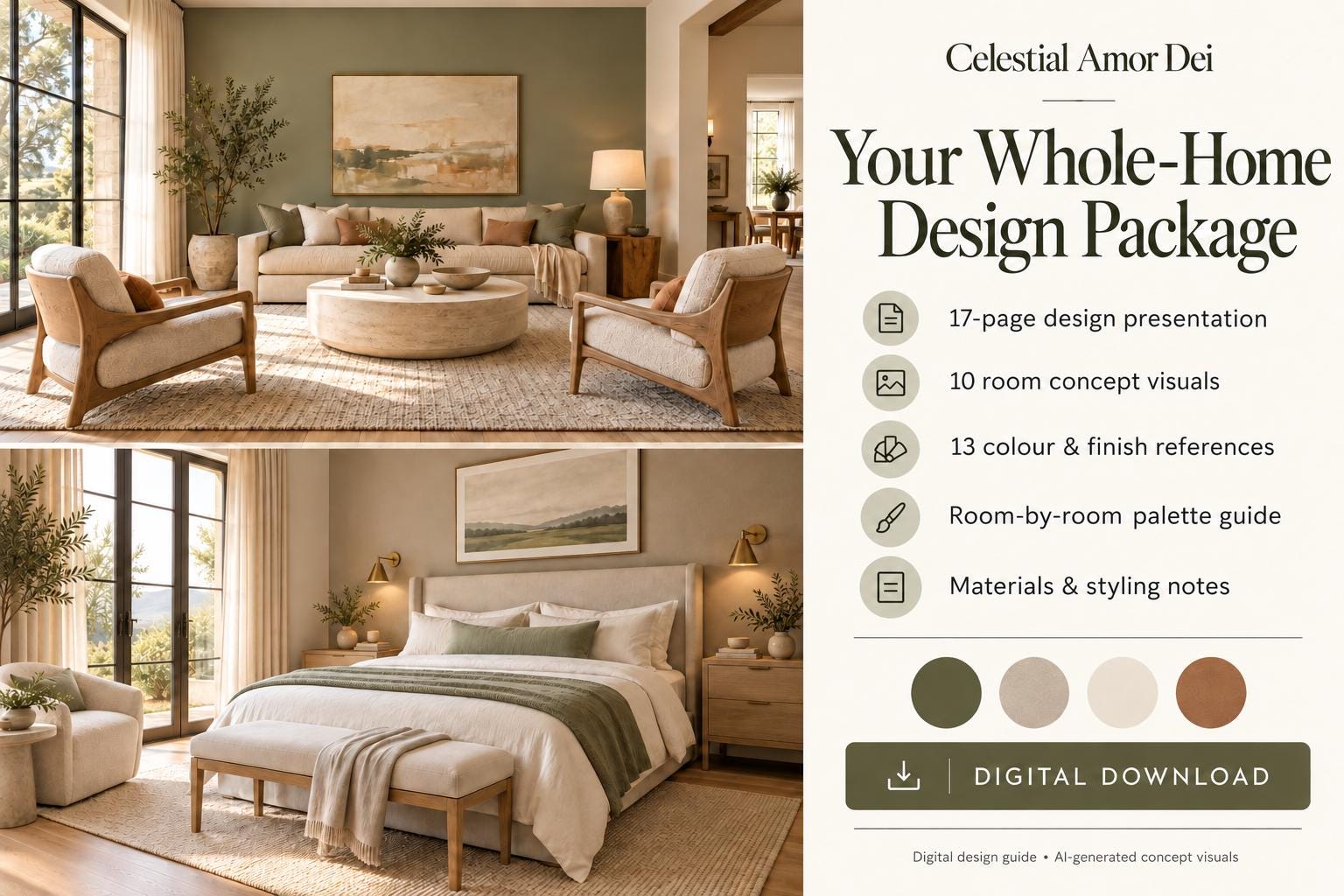 Whole house colour palette interior design guide sage green and warm neutrals
