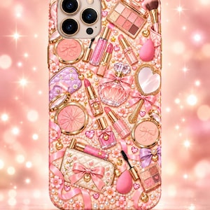 May include: A smartphone case featuring a collage of pink and gold makeup items including lipsticks, compact mirrors, perfume bottles, eyeshadow palettes, makeup brushes, sponges, and quilted pouches, all accented with ribbons, pearls, and small flowers.