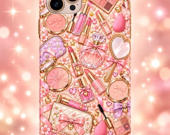 May include: A smartphone case featuring a collage of pink and gold makeup items including lipsticks, compact mirrors, perfume bottles, eyeshadow palettes, makeup brushes, sponges, and quilted pouches, all accented with ribbons, pearls, and small flowers.