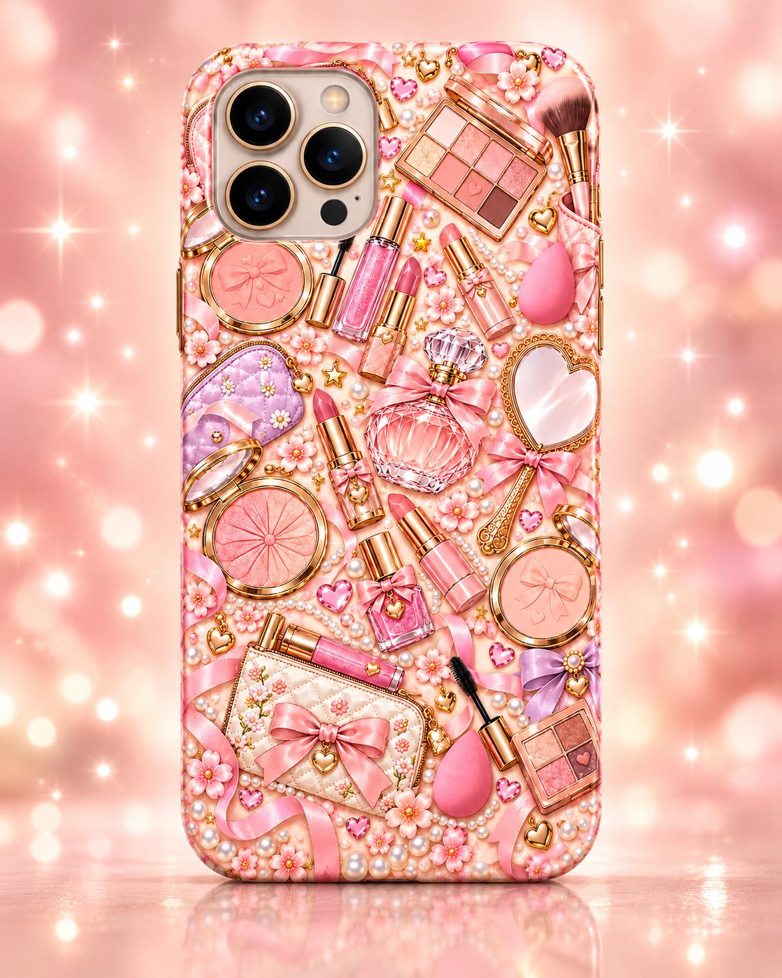Pink makeup phone case design PNG coquette beauty collage girly bow Pink makeup phone case design PNG coquette beauty collage girly bow