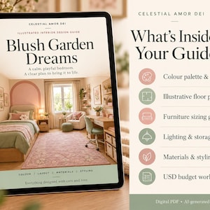 May include: A digital tablet displays an interior design guide titled Blush Garden Dreams, featuring a bedroom illustration. The right side lists 22 pages of content including color palettes, floor plans, furniture guidance, lighting, storage, materials, and a budget worksheet.