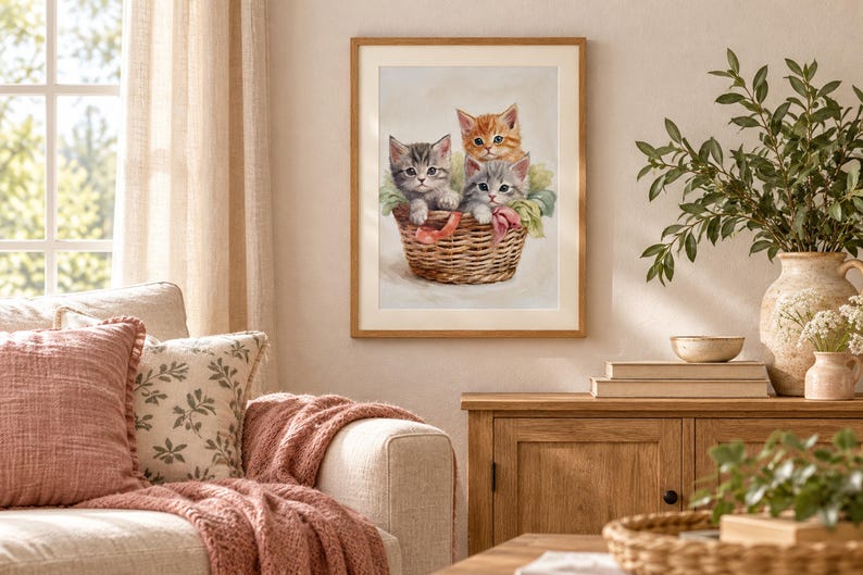 May include: A framed wall art print featuring a painting of three kittens sitting inside a woven wicker basket. One kitten is orange tabby, while the other two are gray tabby, all nestled together with soft green fabric accents inside the basket.