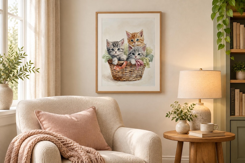 May include: A framed wall art print featuring a painting of three kittens sitting inside a woven wicker basket. One kitten is orange tabby, while the other two are gray tabby, all nestled among soft fabric scraps with pink ribbons.