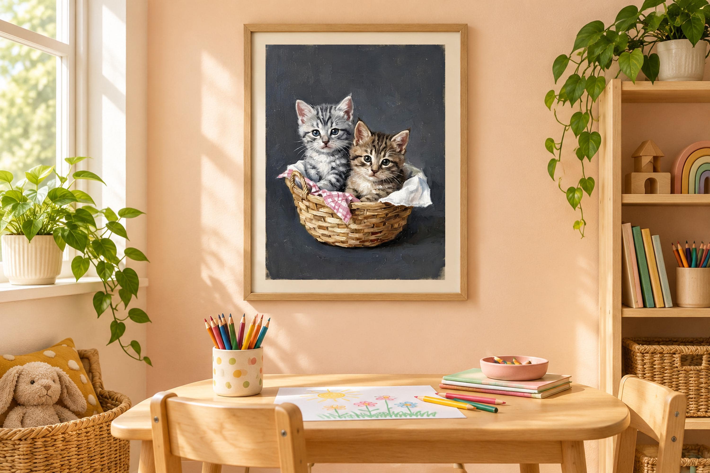 Two kittens in basket vintage style cat printable wall art