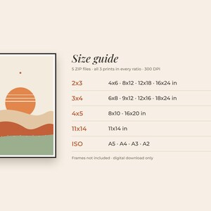 May include: A digital art print size guide featuring a framed abstract landscape with a sun over hills. Text includes Size guide, 5 ZIP files, all 3 prints in every ratio, 300 DPI, and various dimensions in inches for 2x3, 3x4, 4x5, 11x14, and ISO ratios.