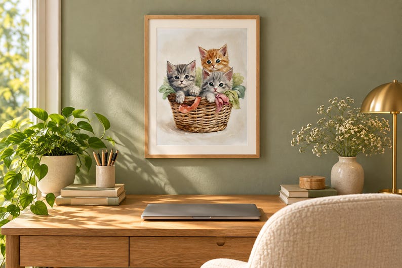 May include: A framed wall art print featuring a watercolor illustration of three kittens sitting inside a woven wicker basket. One kitten is orange tabby, while the other two are gray tabby, all nestled among soft green and pink fabric accents.