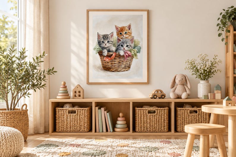 May include: A framed wall art print featuring a painting of three kittens, one orange tabby and two gray tabbies, sitting inside a woven wicker basket with colorful ribbons. The artwork is displayed in a light wood frame on a neutral wall.