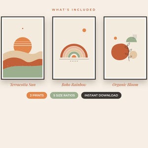 May include: Three framed wall art prints titled Terracotta Sun, Boho Rainbow, and Organic Bloom. The prints feature abstract shapes in terracotta, sage green, and cream. Text includes WHAT'S INCLUDED, 3 PRINTS, 5 SIZE RATIOS, and INSTANT DOWNLOAD.
