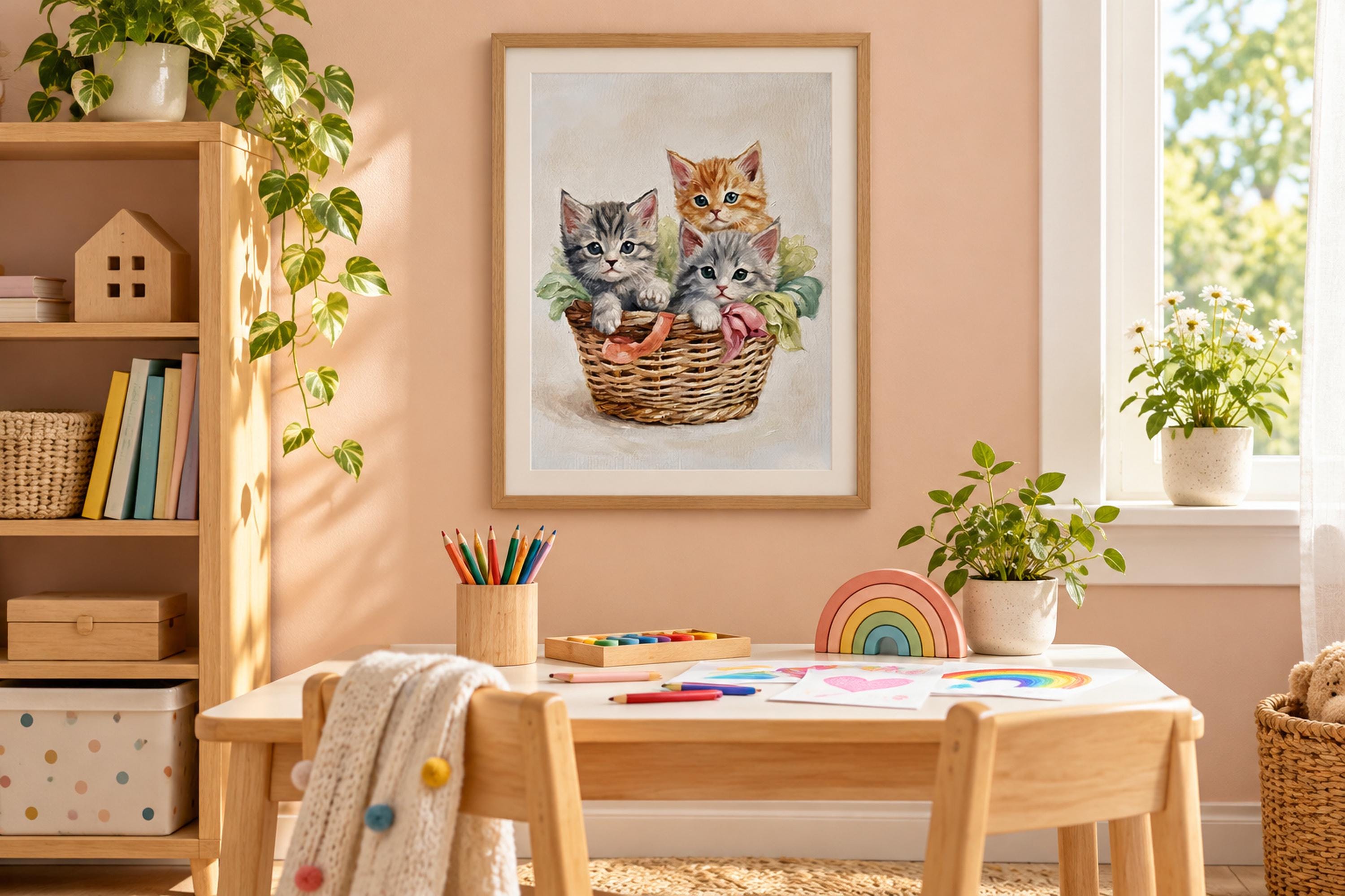 Three kittens in basket cottagecore nursery printable wall art
