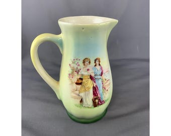 Antique Czech Art Pottery Creamer Pitcher 2 Ladies in Garden with Flowers