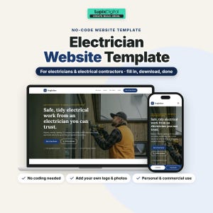May include: A no-code website template for electricians and electrical contractors, featuring a laptop and smartphone displaying a landing page with the text Safe, tidy electrical work from an electrician you can trust, and LupixDigital branding.